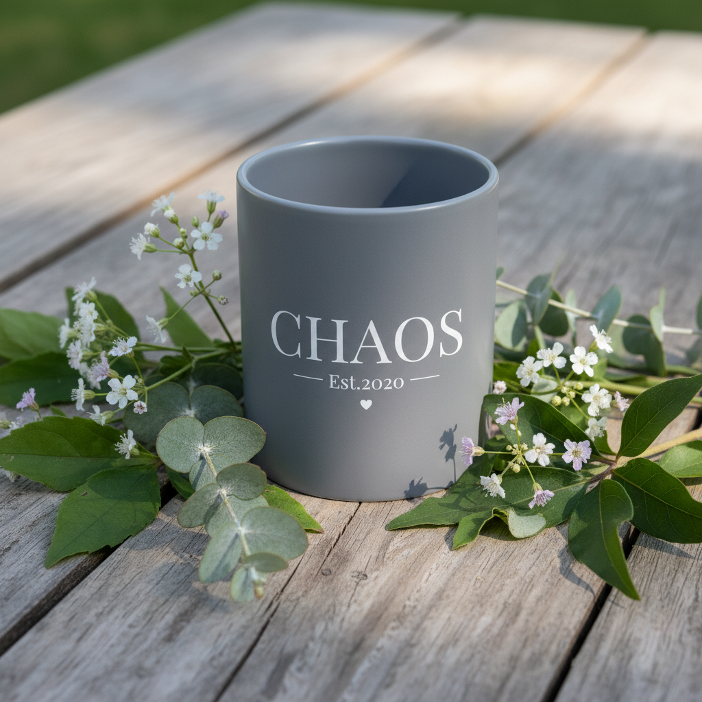Light gray ceramic mug with handle, CHAOS Est.2020 text and heart