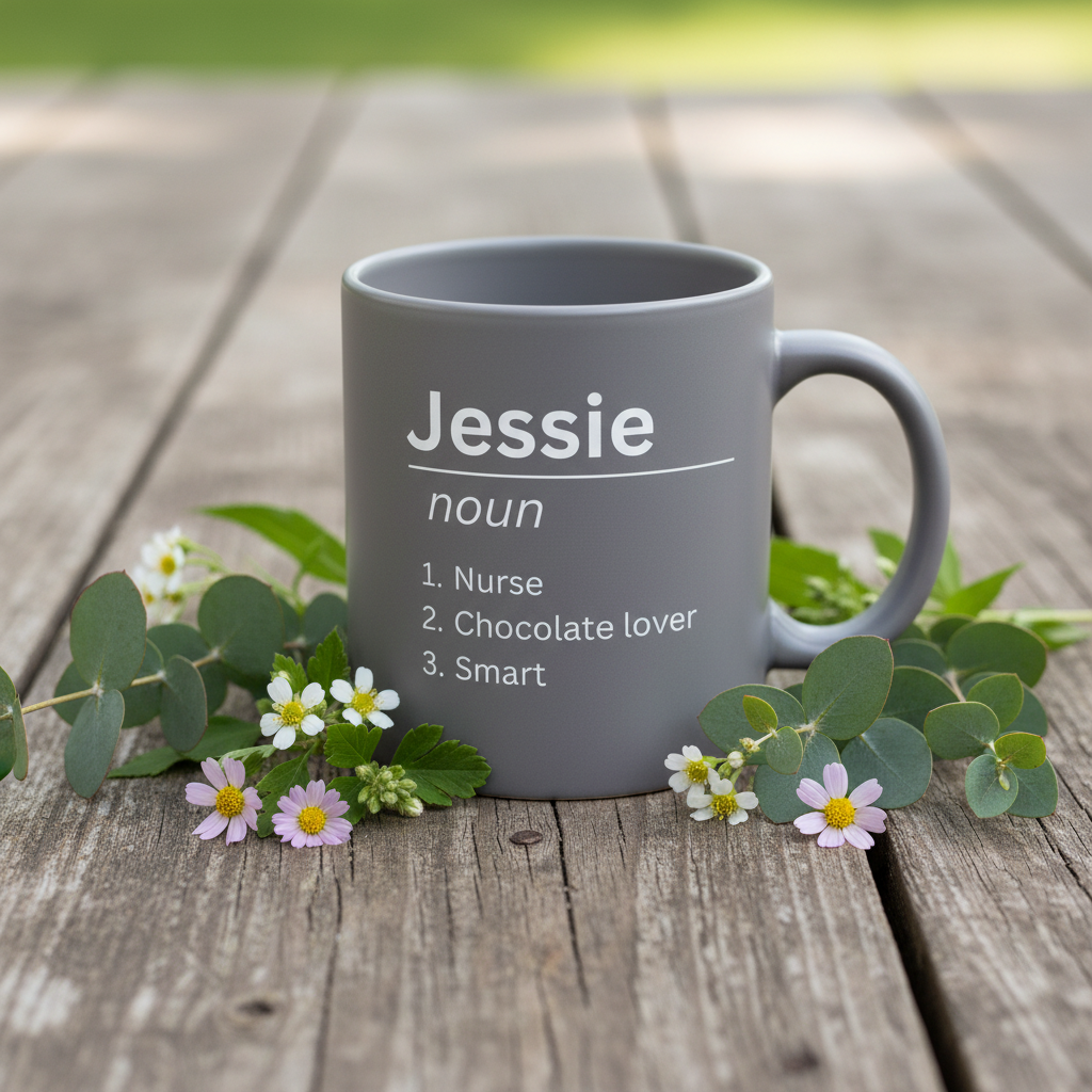Grey mug labeled Jessie noun, 1 Nurse, 2 Chocolate lover, 3 Smart