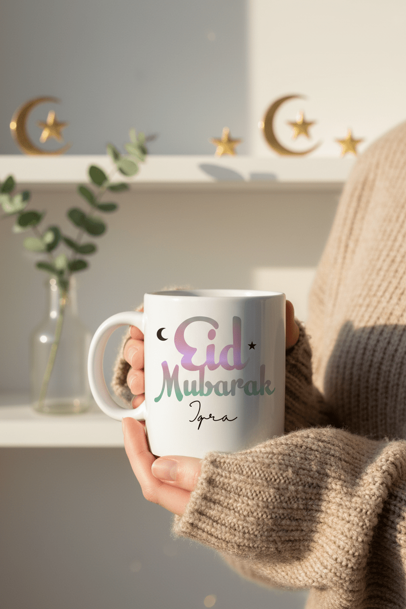 White mug held in hand with Eid Mubarak and custom name Opre, crescent icon