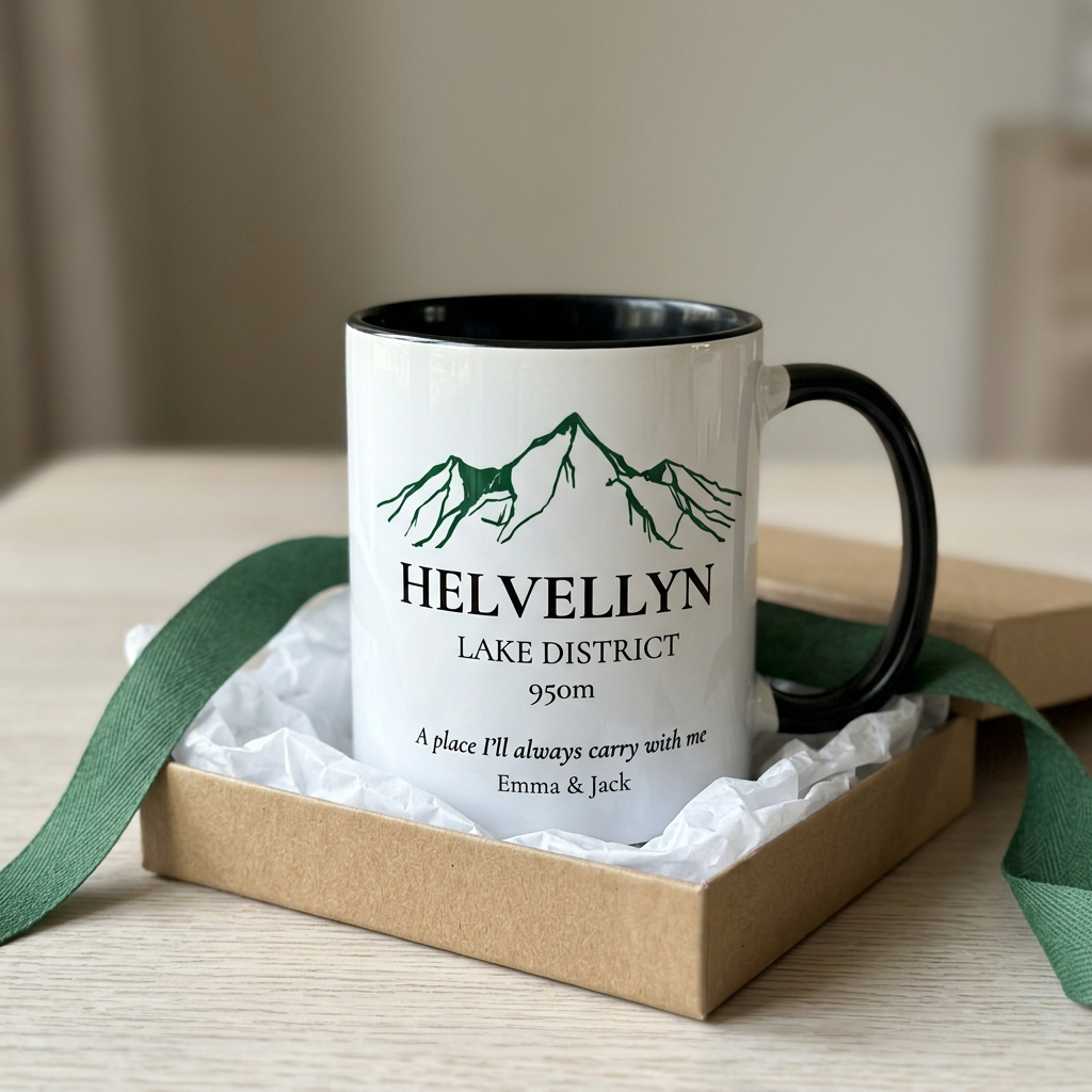 Close-up Helvellyn mug styled in an open kraft gift box with green ribbon