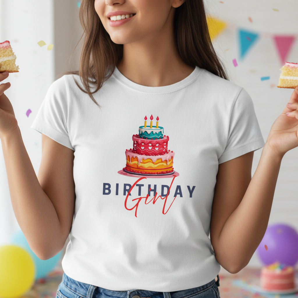 White birthday graphic T-shirt on woman, cake illustration and “Birthday Girl”