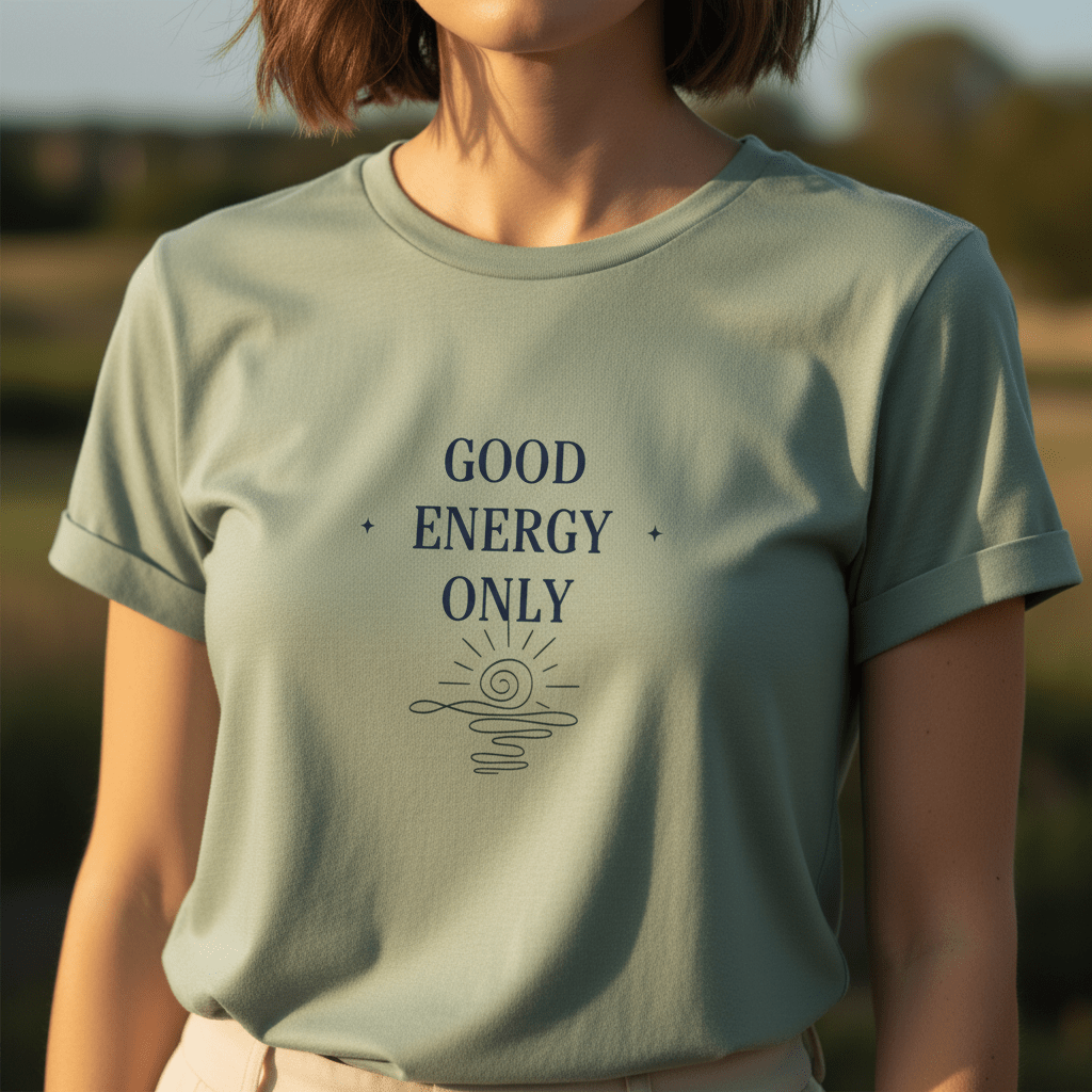 Light teal crew-neck T-shirt with dark “GOOD ENERGY ONLY” graphic centered on chest