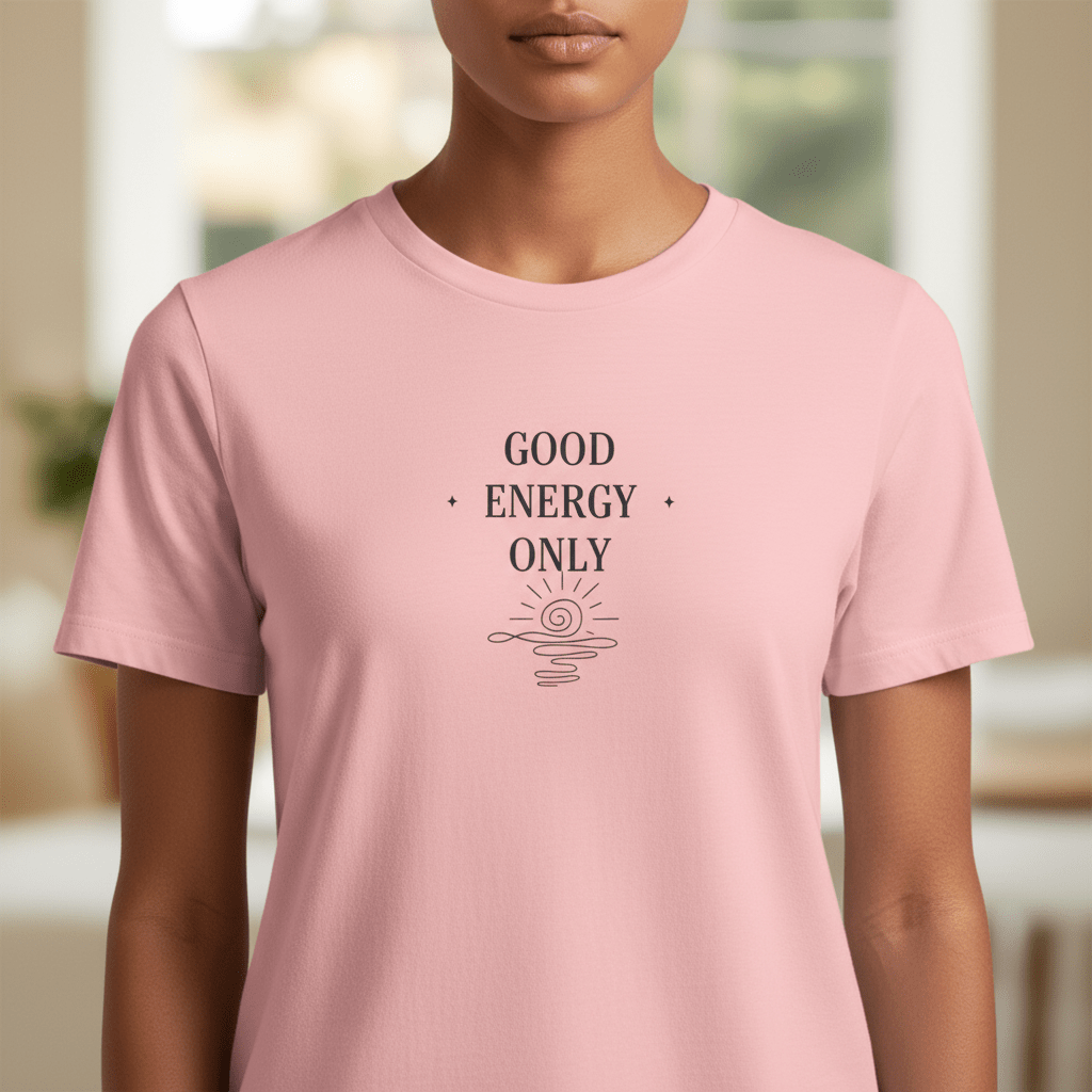 Pink crew-neck T-shirt with “GOOD ENERGY ONLY” graphic centered on the chest