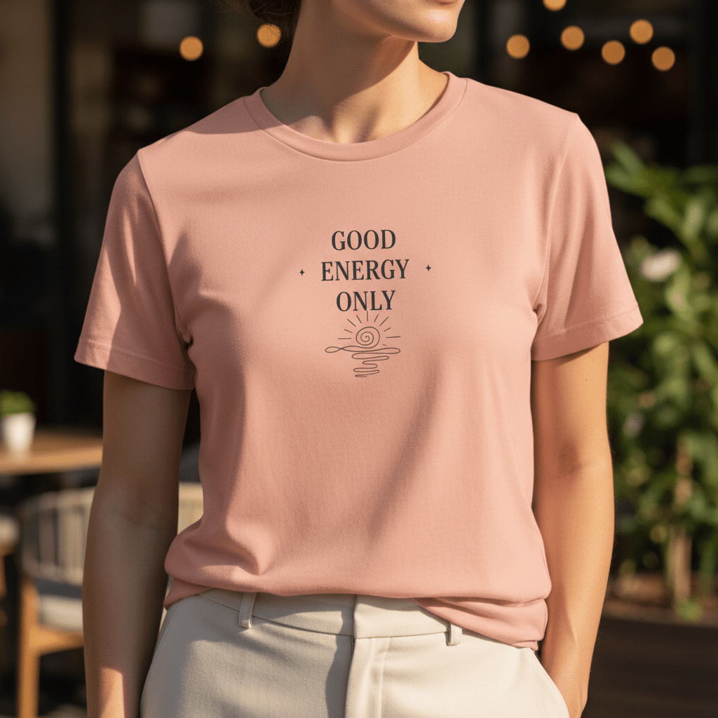 Mauve crew-neck T-shirt with “GOOD ENERGY ONLY” graphic centered on the chest
