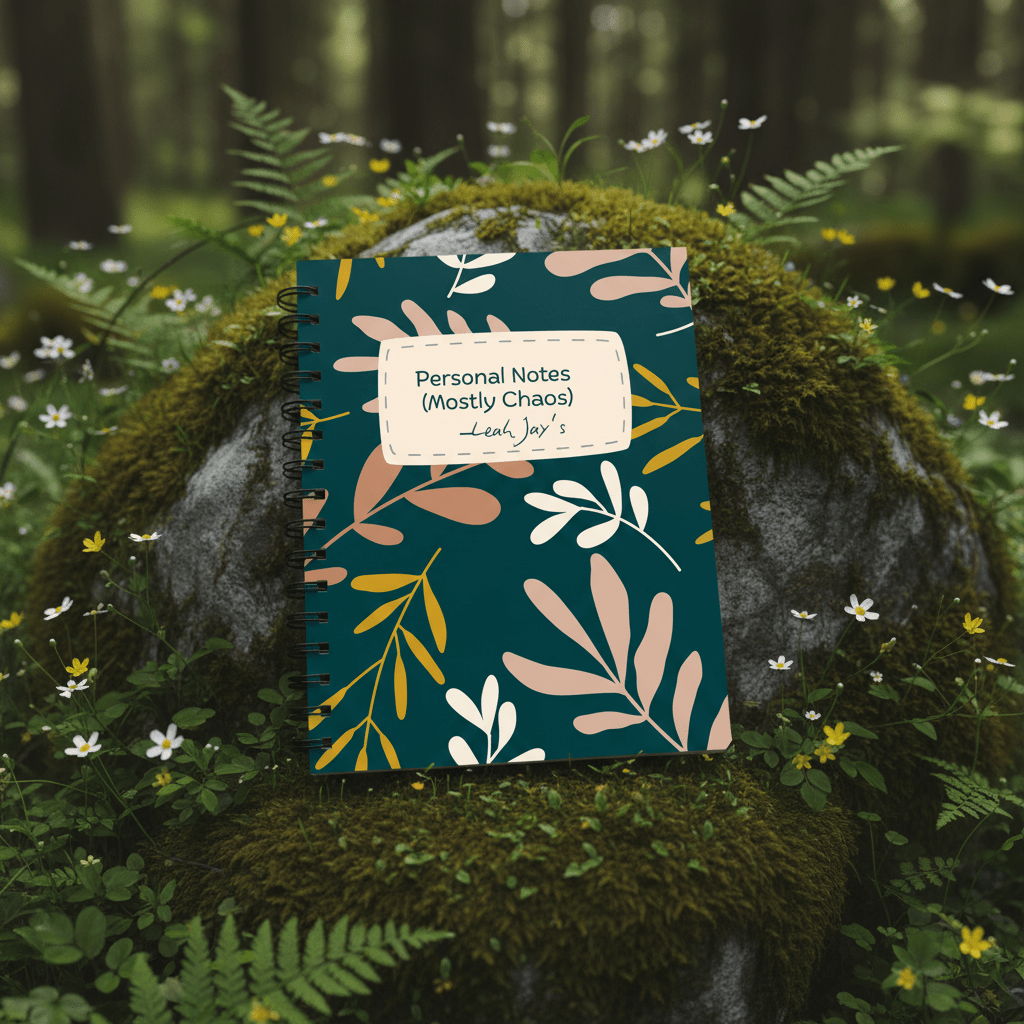 Teal A5 spiral notebook with botanical leaf pattern on mossy stump, label visible
