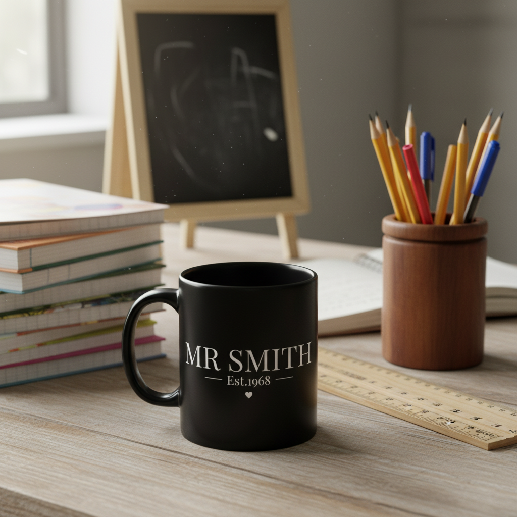 Black mug with "MR SMITH" and "Est.1968" sitting on a tabletop