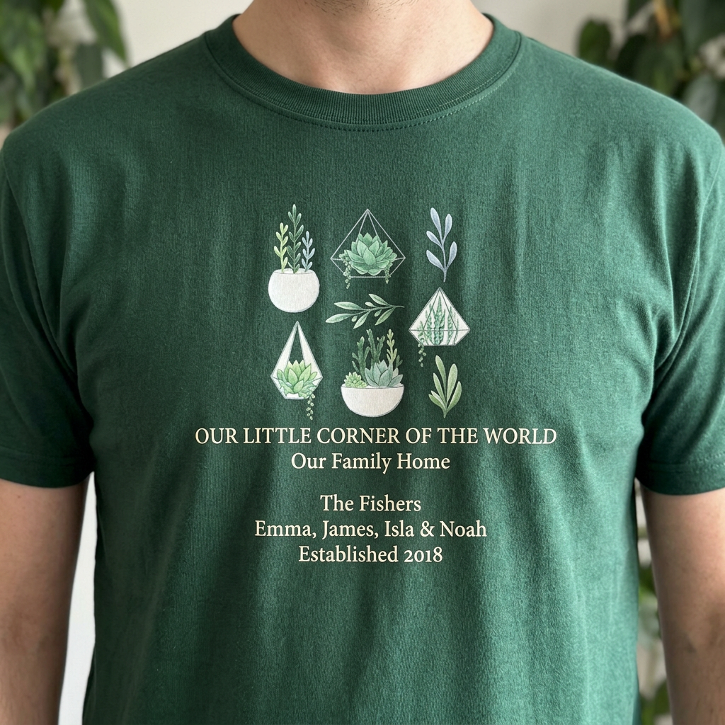 Forest green botanical t-shirt with potted plant graphic and “Our Family Home” text