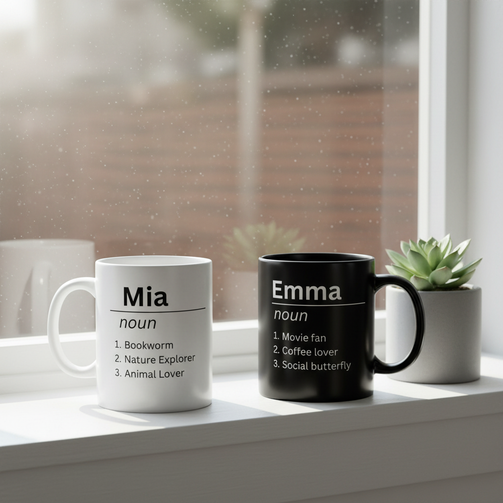 Personalised name definition mugs, white 'Mia' and black 'Emma' with meaning lines