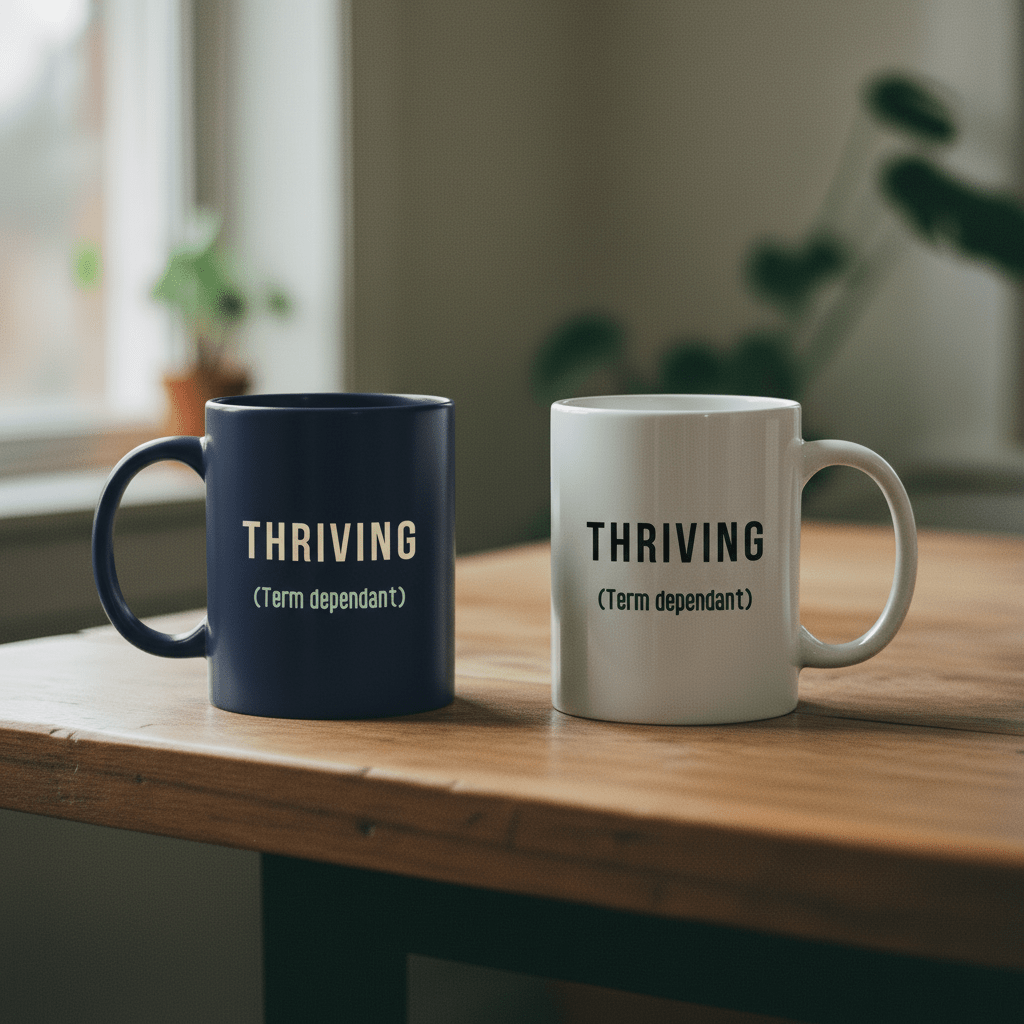 Pair of ceramic mugs: dark and white, both printed “THRIVING (Term dependant)”.