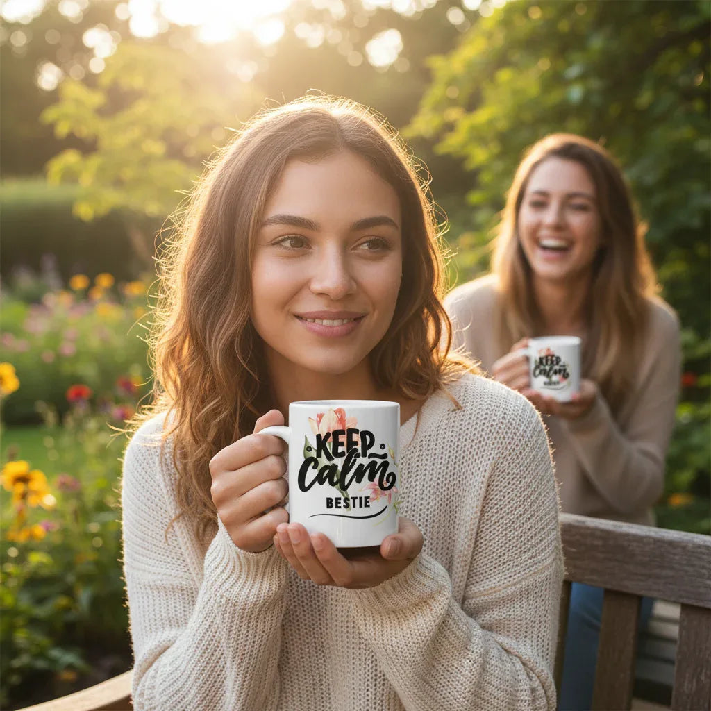 White ceramic mug with Keep Calm floral print and BESTIE text