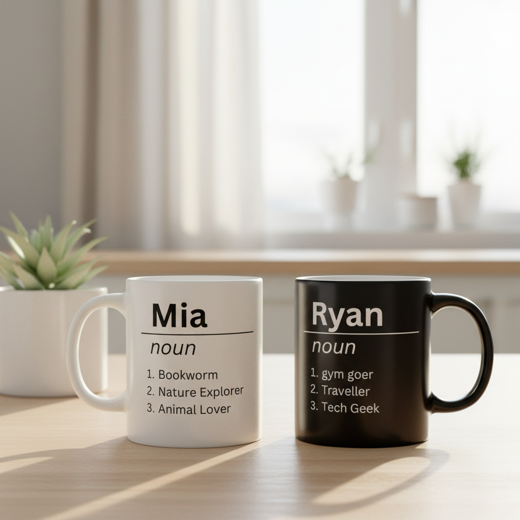 Personalised name definition mugs, white 'Mia' and dark 'Ryan' with noun meanings