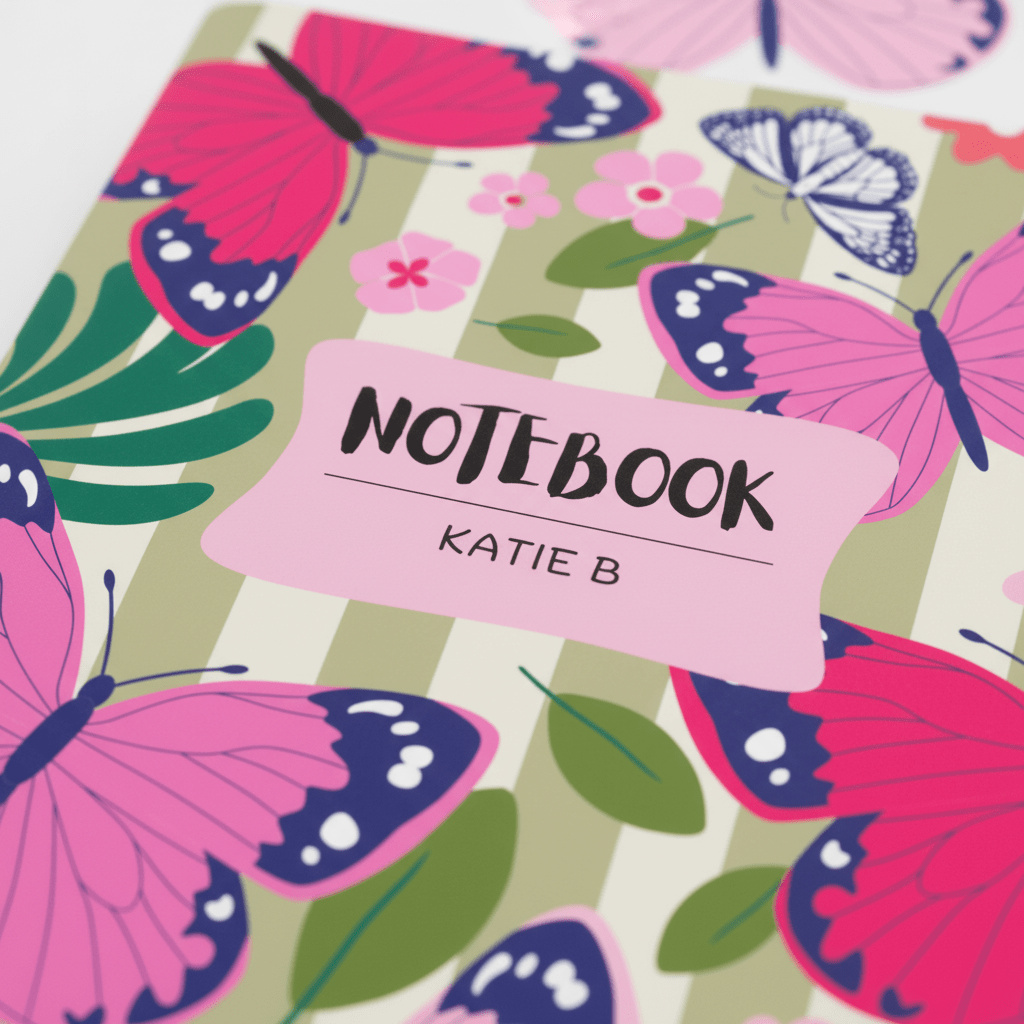 Personalized A5 spiral notebook cover close-up with butterflies and pink name label