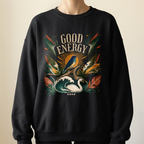 Unisex botanical sweatshirt, black with bird and leaf front graphic, crewneck.