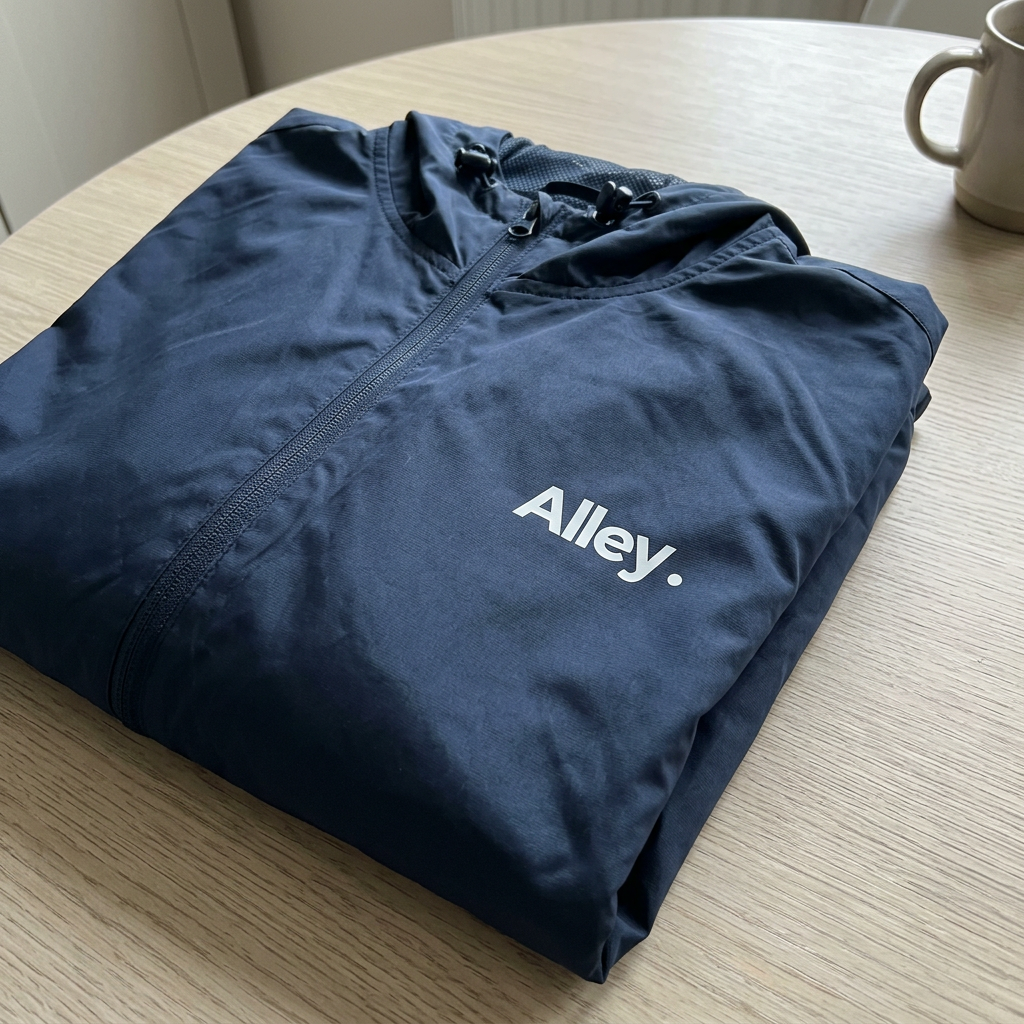 Folded navy hooded windbreaker jacket with Alley logo