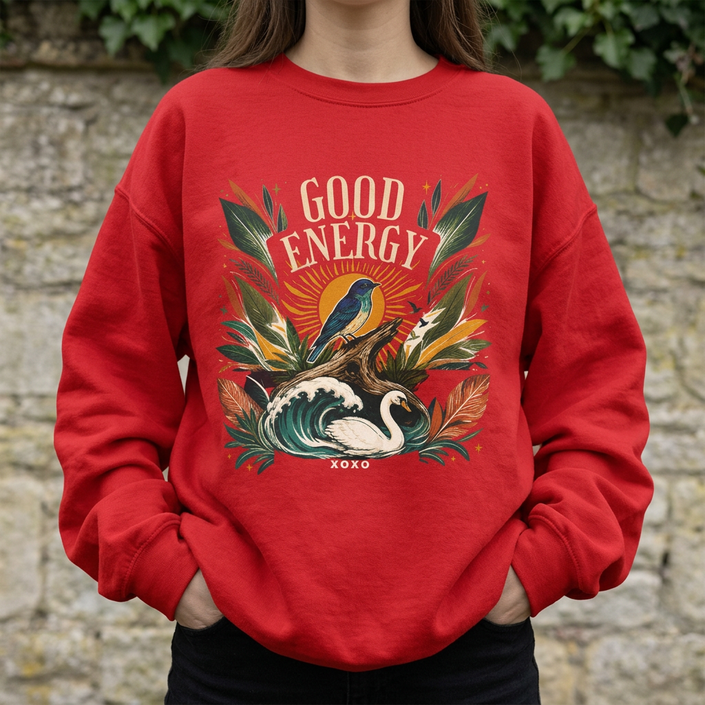 Unisex botanical sweatshirt, red with bird and leaf front graphic.