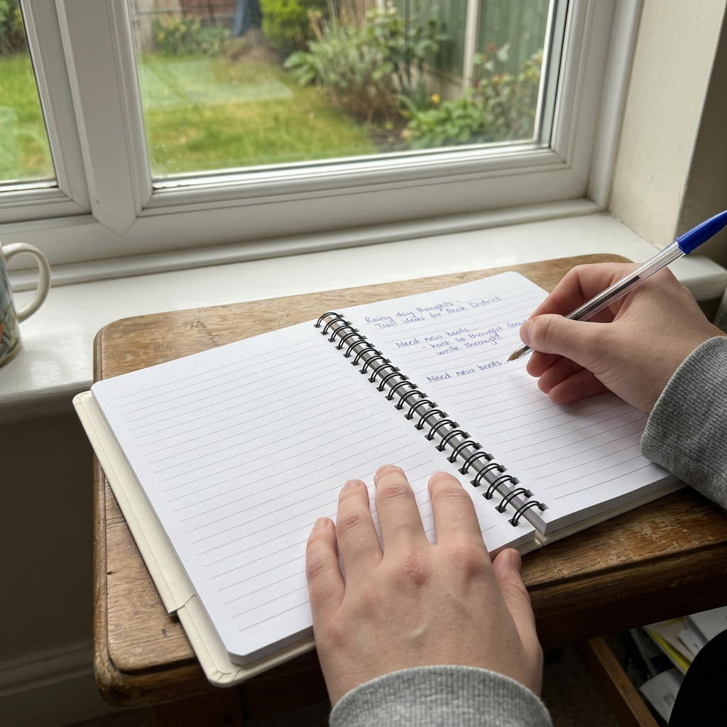 Lined nature notebook with spiral binding, open pages, and pen writing on a desk.