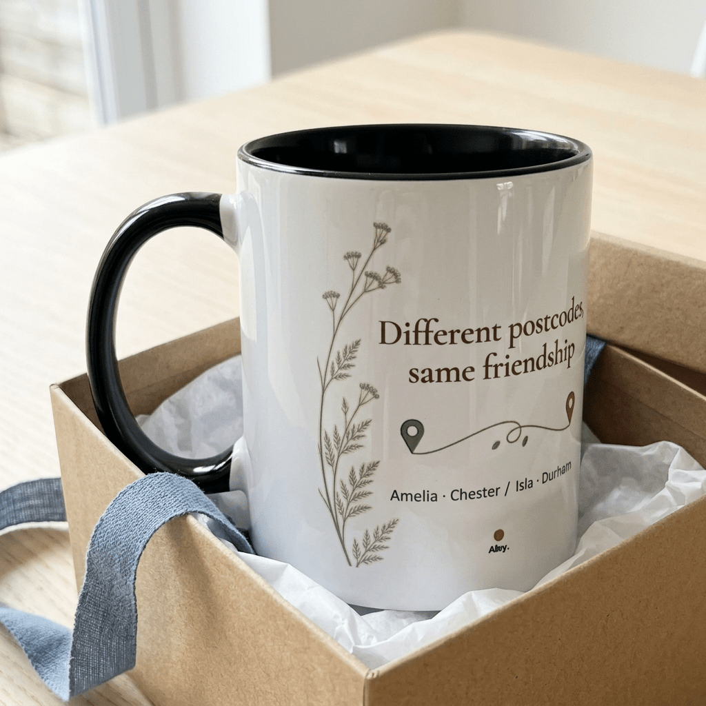 Personalised Long Distance Friendship Mug – Different Postcodes - #AlleyCrafters
