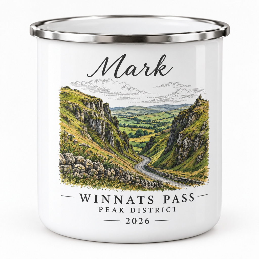 White enamel mug with silver rim, 'Mark' name and Winants Pass mountain route print