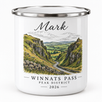 White enamel mug with silver rim, 'Mark' name and Winants Pass mountain route print