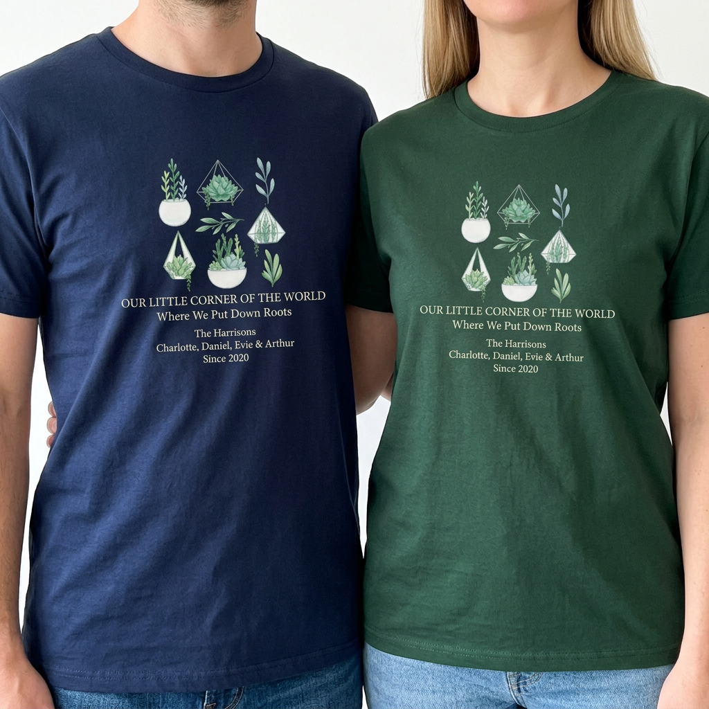 Navy and forest green couple t-shirts with green botanical print and “Our First Home”