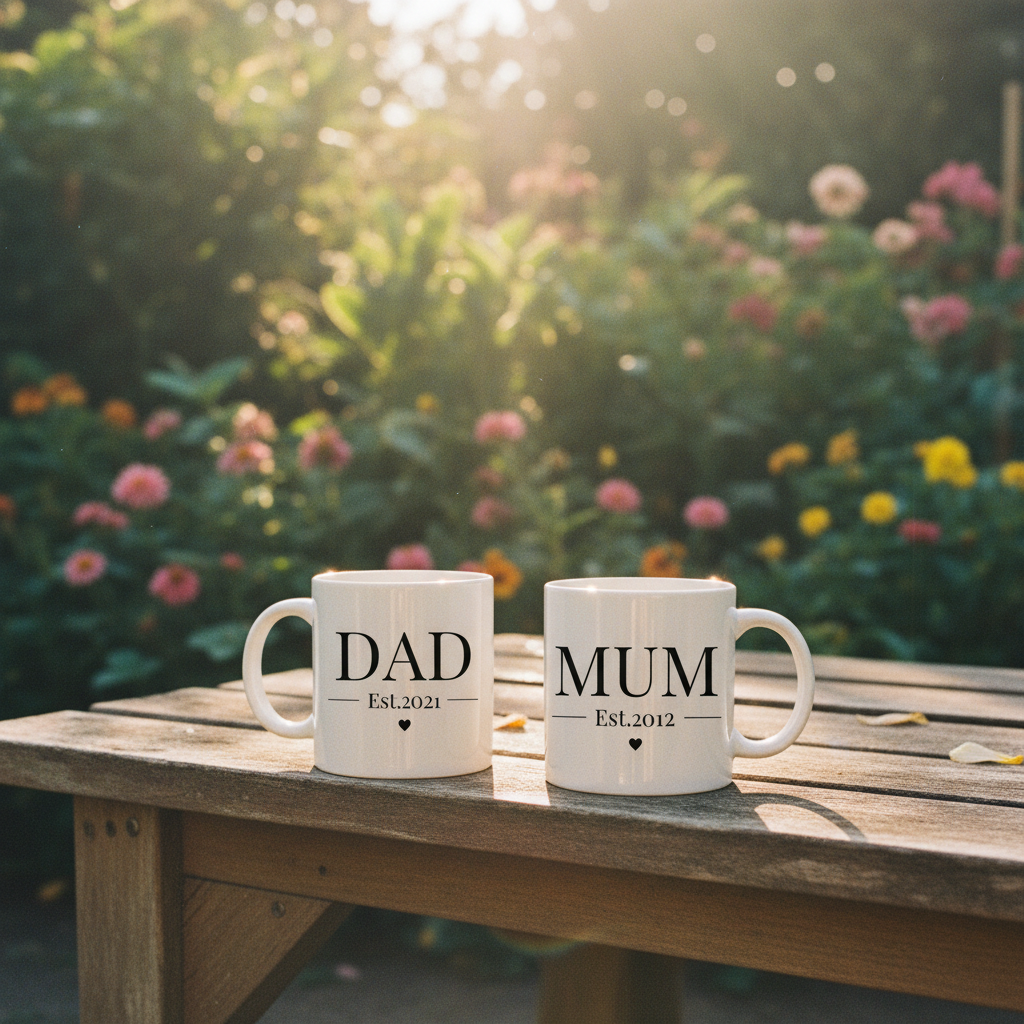 Two white mugs on a wooden table: "DAD" and "MUM" with dates