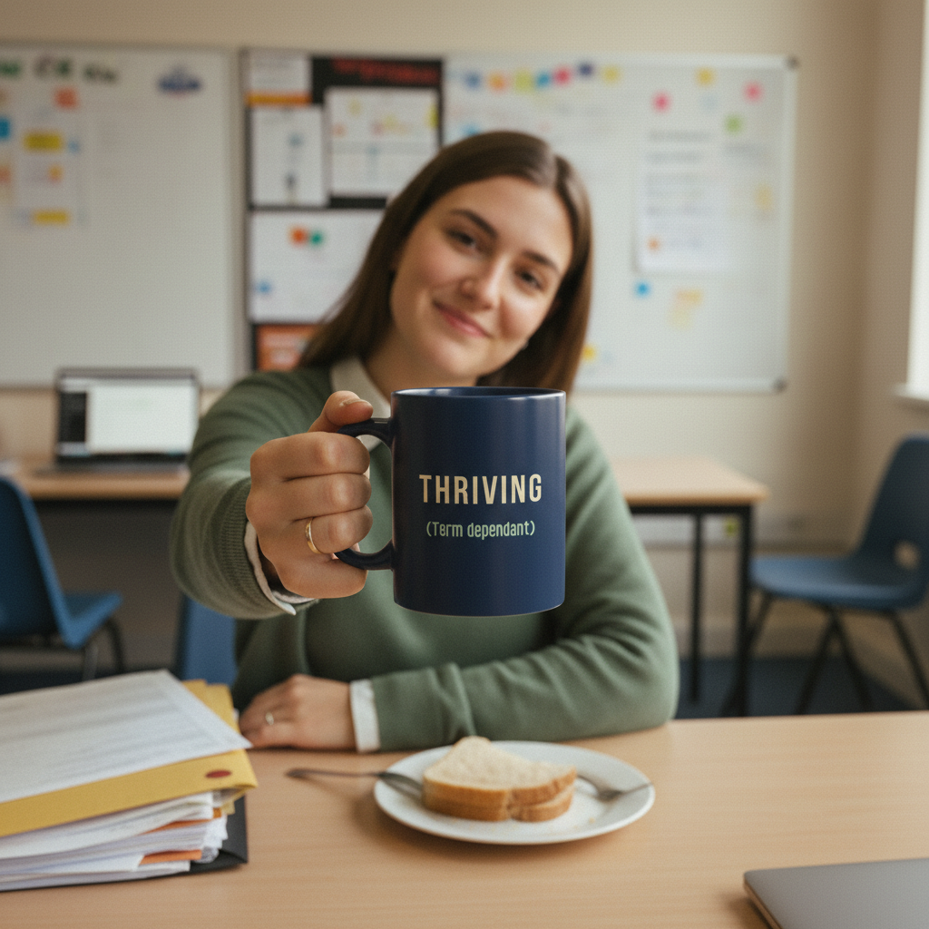 Close-up teacher holding navy mug to camera - mood