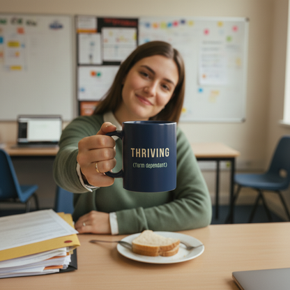 Close-up teacher holding navy mug to camera - mood