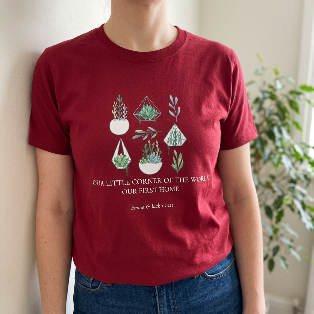 Red botanical t-shirt on model with plant graphic and white slogan text in center