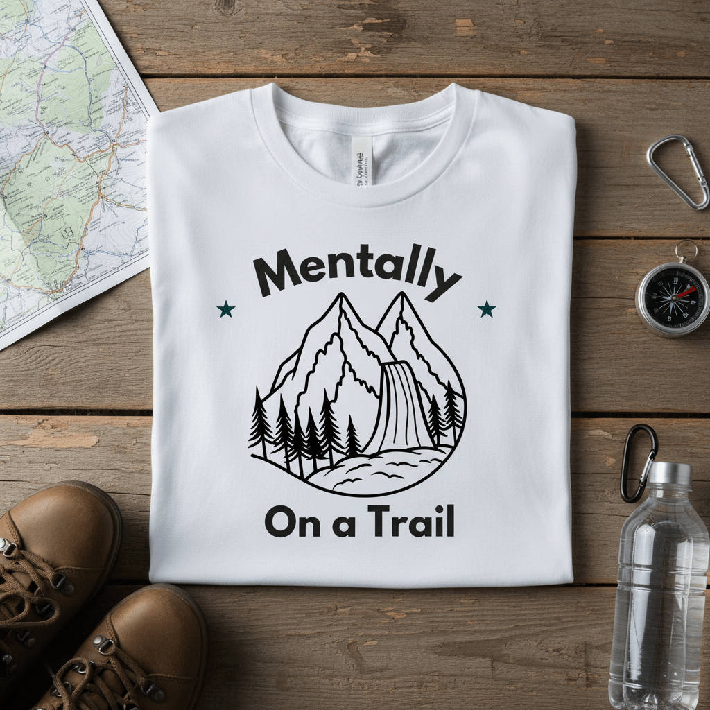 White custom T-shirt with mountain graphic and text "Mentally" and "On a Trail"
