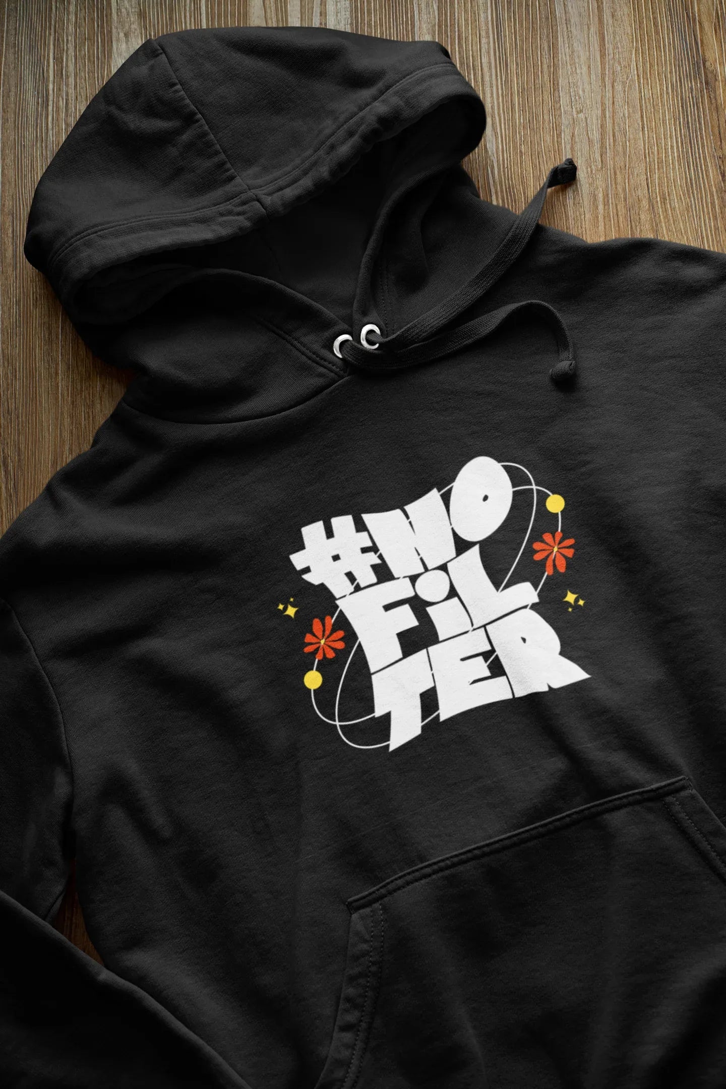 Black unisex slogan hoodie with hood, drawstrings, and front kangaroo pocket