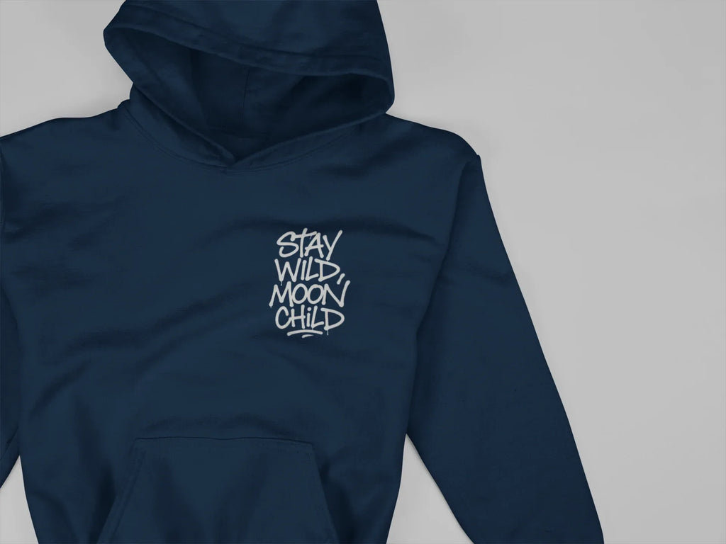 Navy kids hoodie with drawstring hood, front graphic logo, and kangaroo pocket