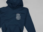 Navy kids hoodie with drawstring hood, front graphic logo, and kangaroo pocket