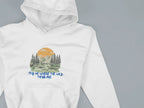 White hoodie hood and upper front with mountain forest and blue text graphic