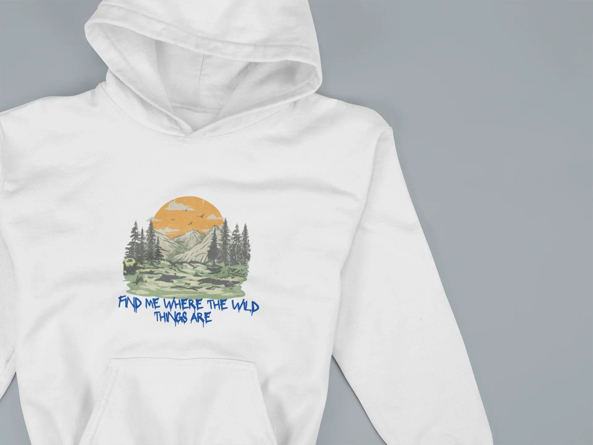 White hoodie hood and upper front with mountain forest and blue text graphic