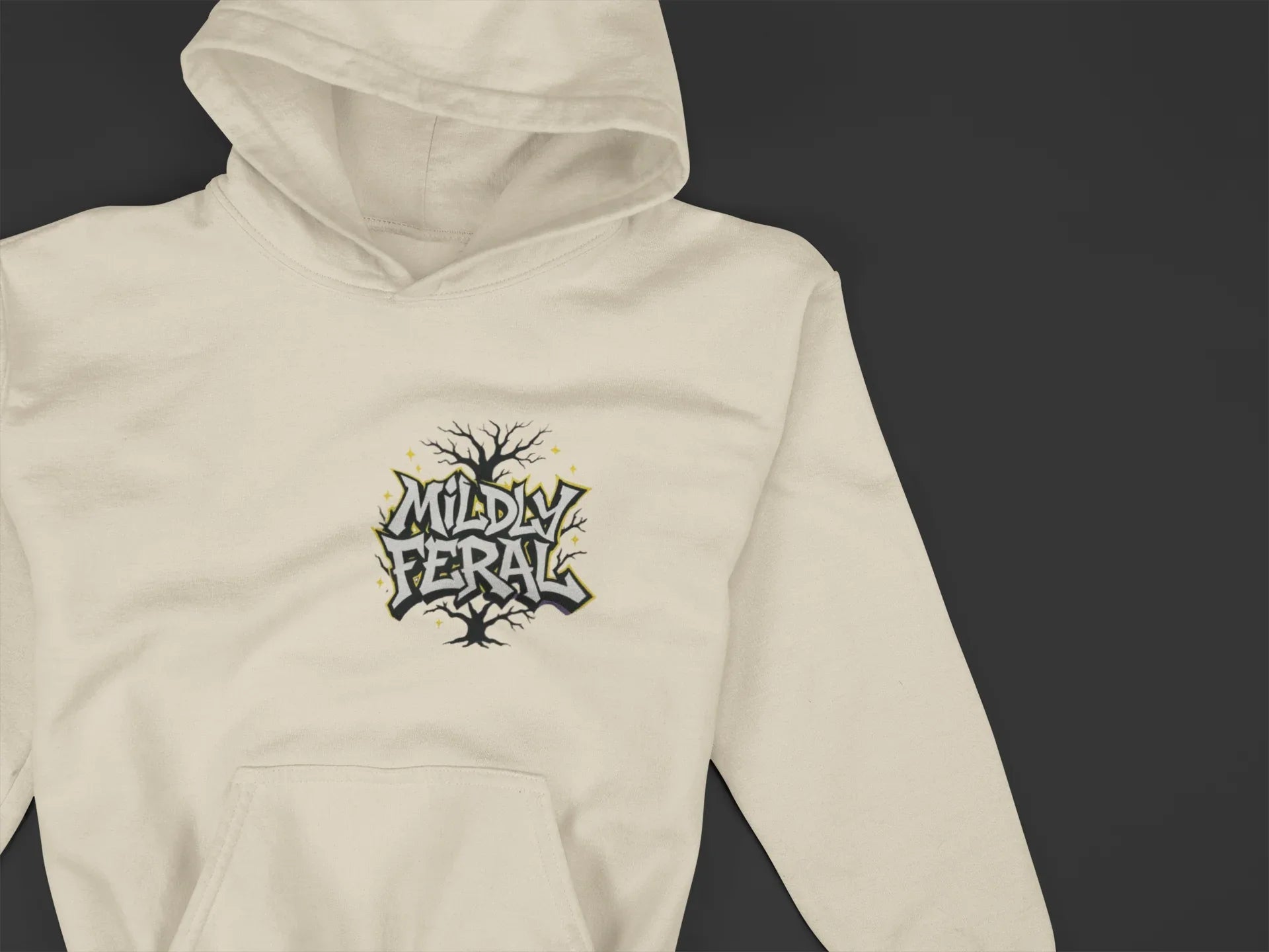 Light sand graphic hoodie with a small chest “Mildly Feral” logo and kangaroo pocket