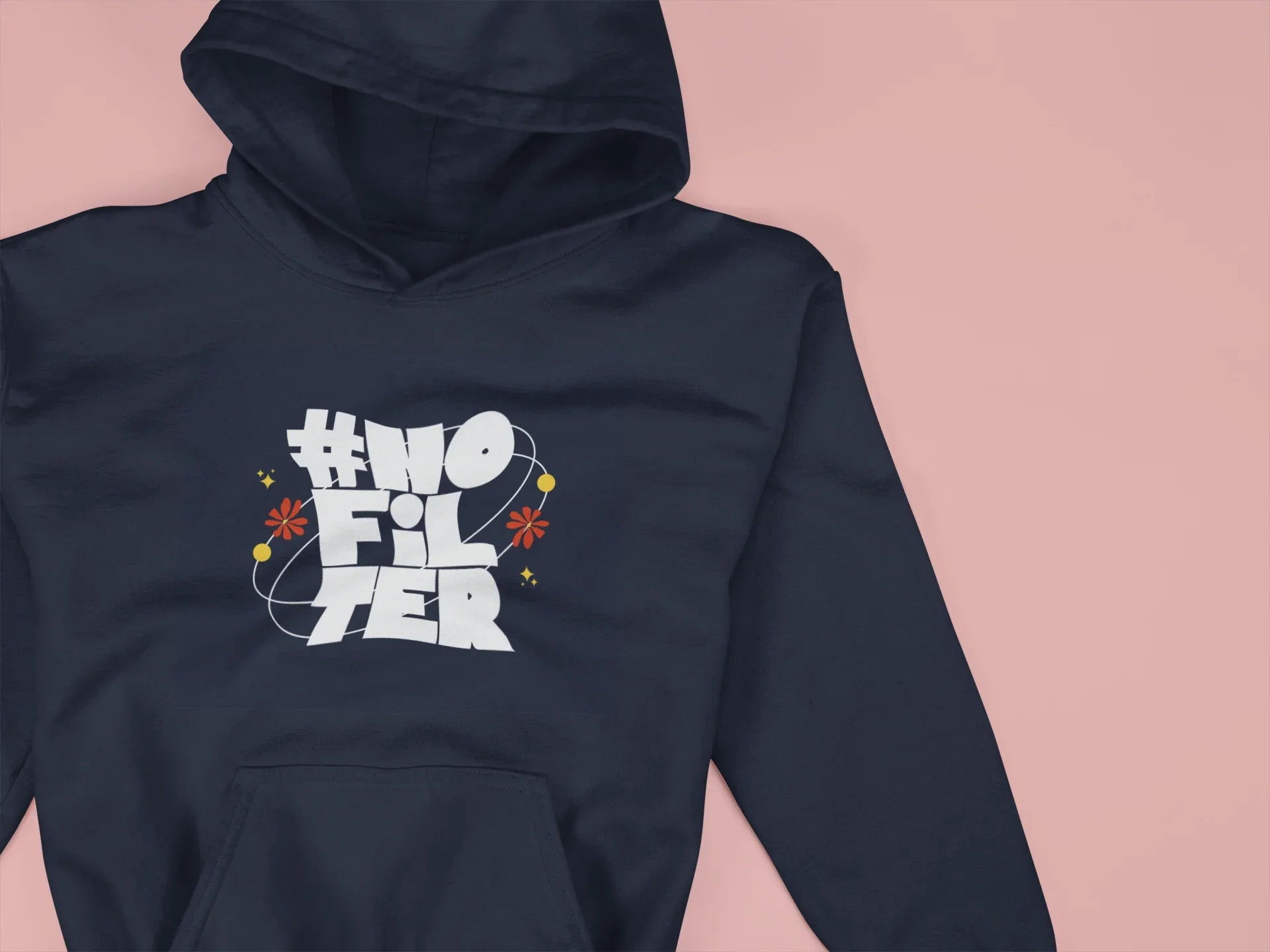 Navy unisex slogan hoodie with hood and front pocket