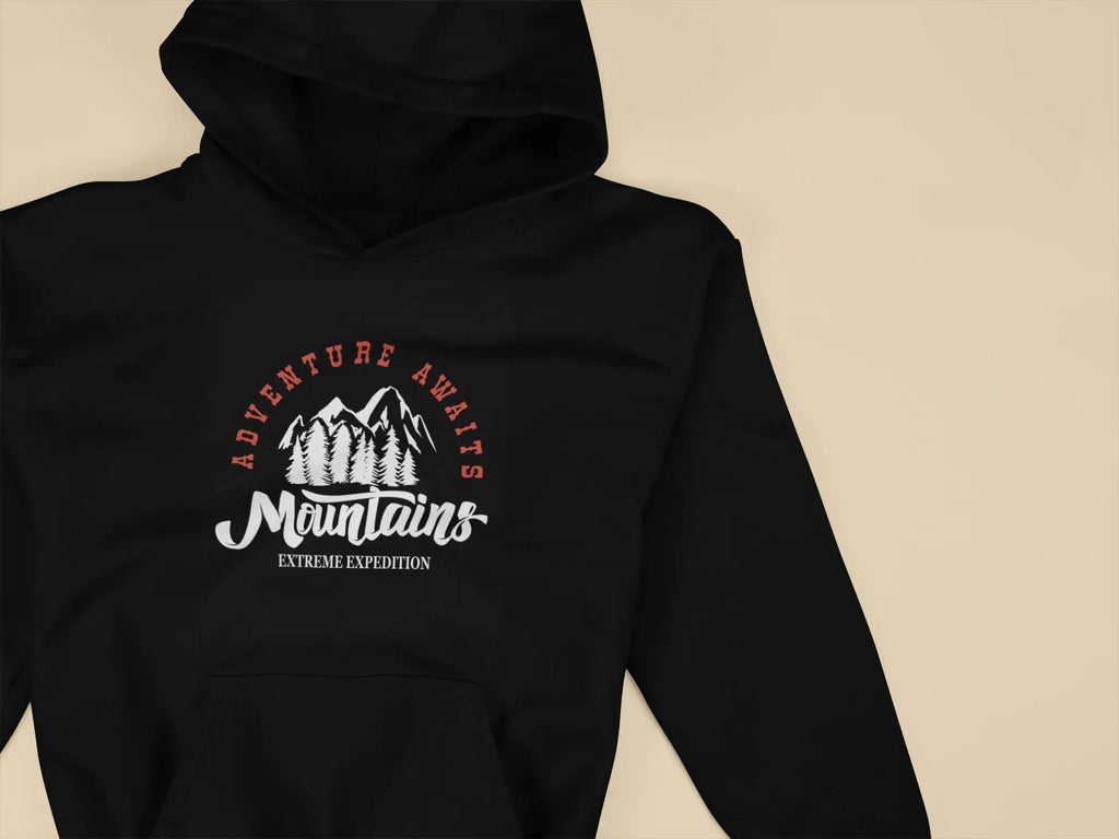 Black hoodie with hood, Adventure Awaits mountain logo on chest