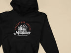 Black hoodie with hood, Adventure Awaits mountain logo on chest