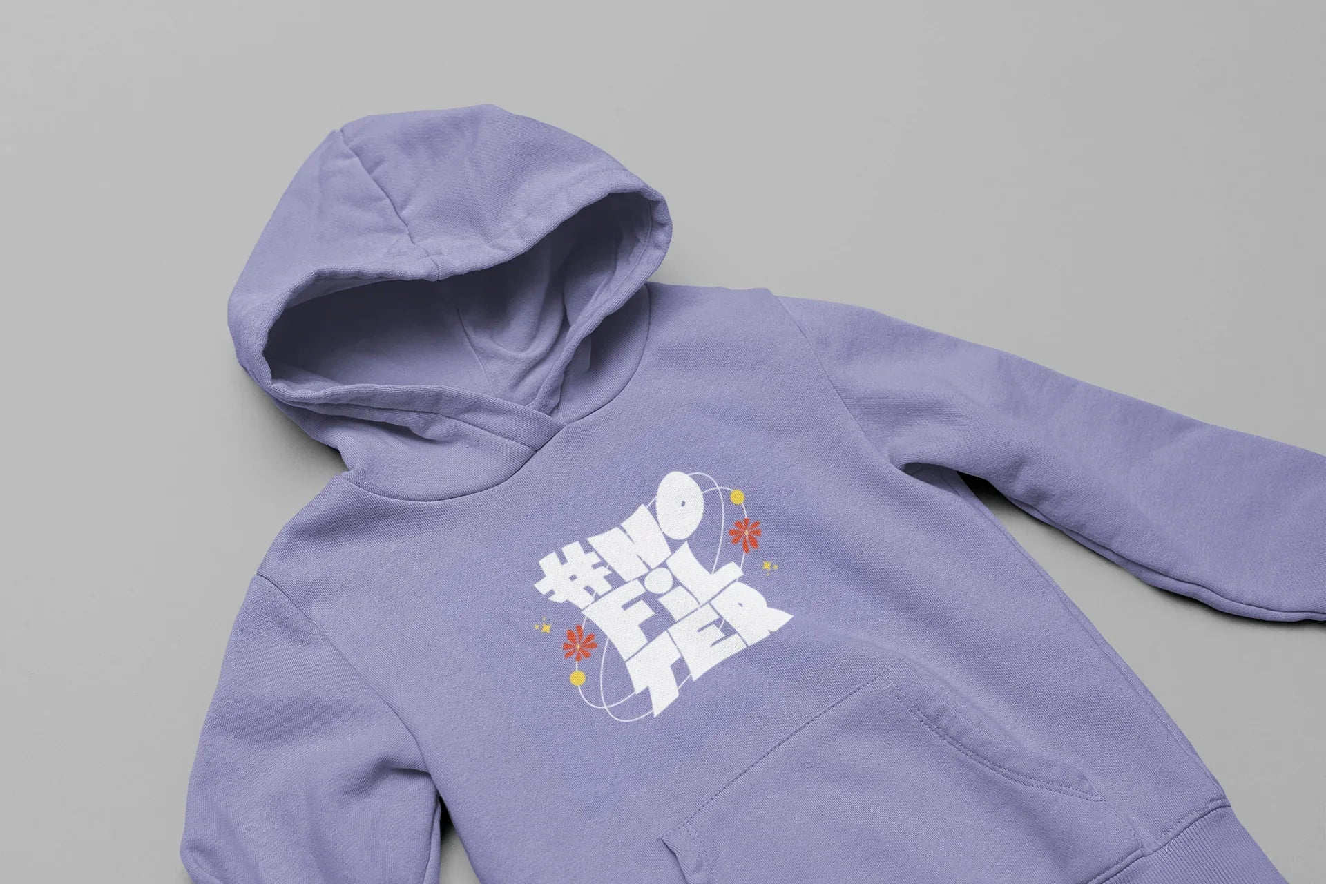 Light purple unisex slogan hoodie close-up with hood and logo