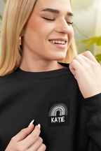 Black sweatshirt on model with square KATIE logo print