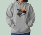 Sport grey hoodie worn by a model, with chest graphic of tree and text