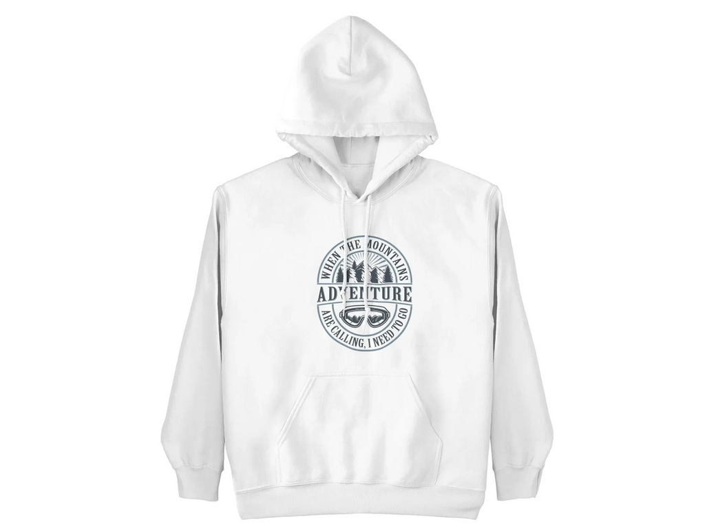 White pullover hoodie with hood and small circular “Adventure” logo on the chest.