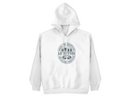 White pullover hoodie with hood and small circular “Adventure” logo on the chest.