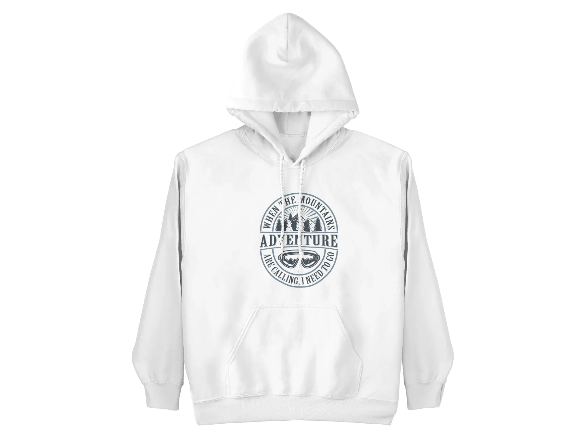 White pullover hoodie with hood and small circular “Adventure” logo on the chest.
