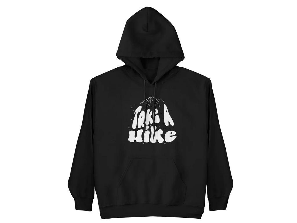 Black Take a Hike hoodie with hood and front Take a Hike mountain graphic, front view.