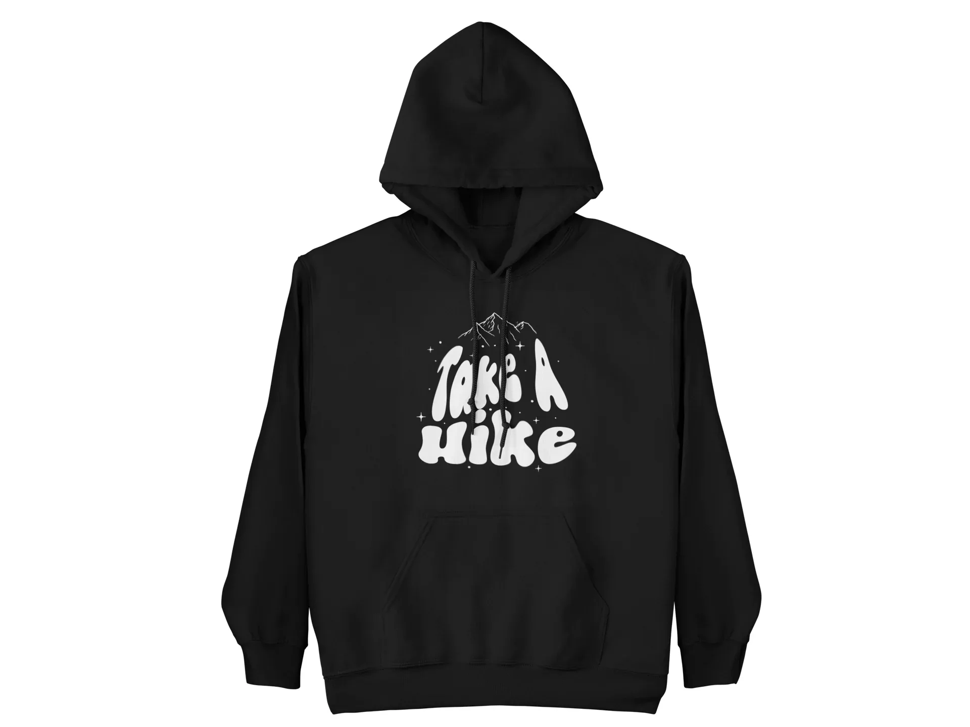 Black Take a Hike hoodie with hood and front Take a Hike mountain graphic, front view.