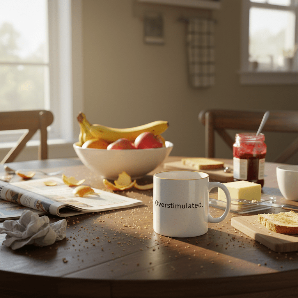White ceramic mug on table with food items, printed “Overstimulated.”