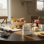 White ceramic mug on table with food items, printed “Overstimulated.”