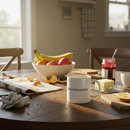Cluttered kitchen table with real breakfast chaos