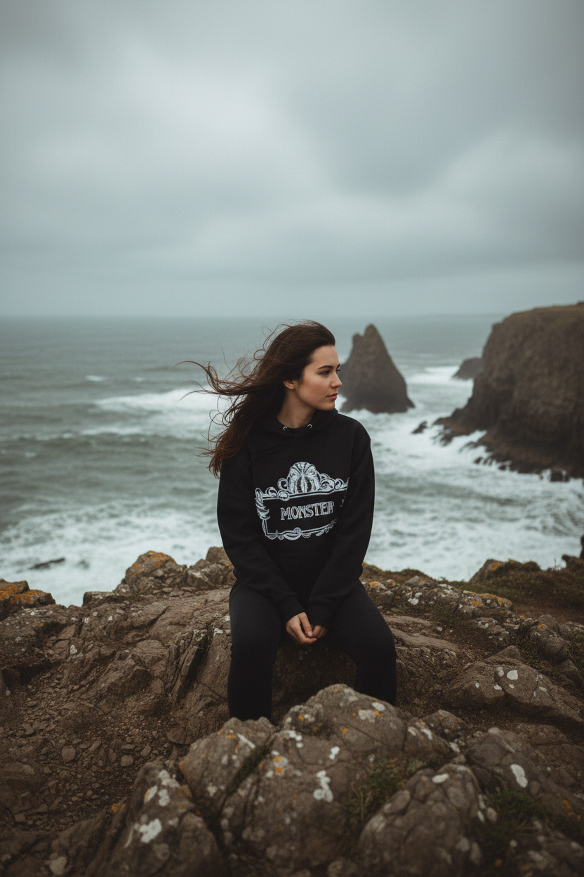 Black monster graphic hoodie with hood and front pouch pocket, long sleeves.